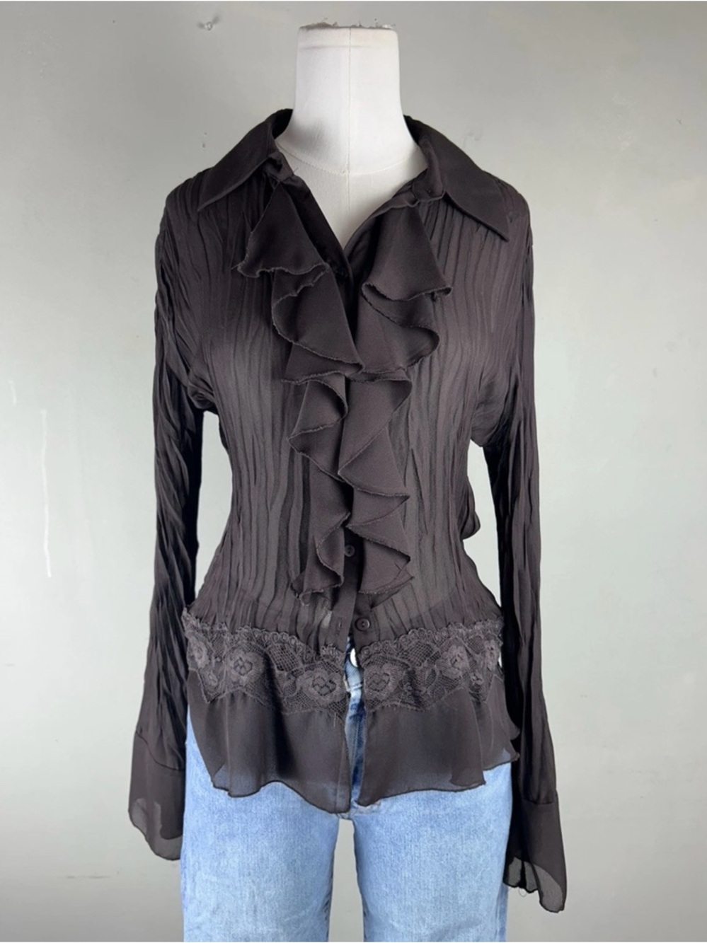 Brown Women's Black Ruffle Lace-Trim Blouse whimsical Victorian vibes
